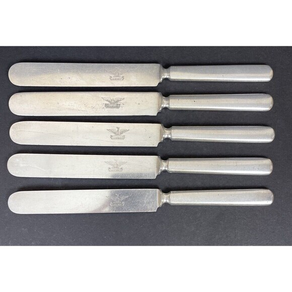 5 Antique Plated Handle by Landers with Eagle Logo Blunt Dinner Knife w/Patina - Picture 3 of 6